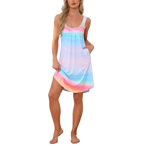 INSPIRE CHIC Womens Nightgown Sleeveless Sleepwear Printed Scoopneck Nightshirts Tank Wide Strap Sleep Dress with Pockets S Tie-Dye Pink