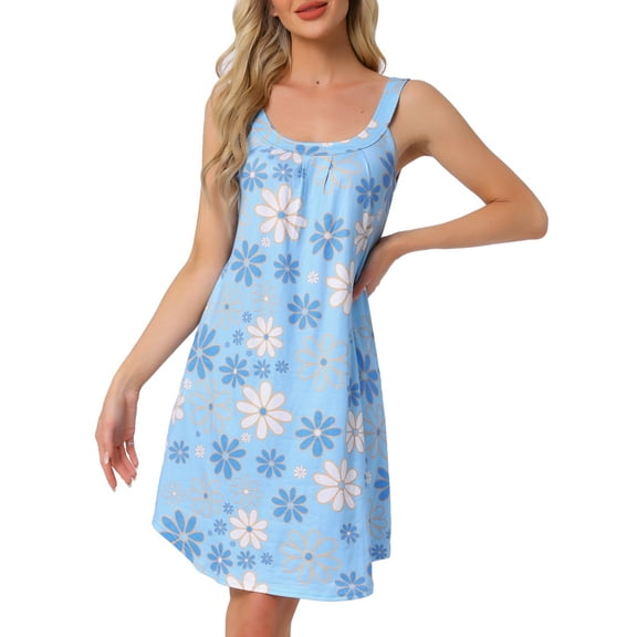 INSPIRE CHIC Womens Nightgown Sleeveless Sleepwear Printed Scoopneck Nightshirts Tank Wide Strap Sleep Dress with Pockets M Blue Flowers