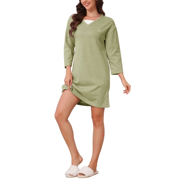 INSPIRE CHIC Women's Thermal Fleece Sleep Dress Long Sleeve Plush Midi Nightgown with Pockets & V-Neck S Green