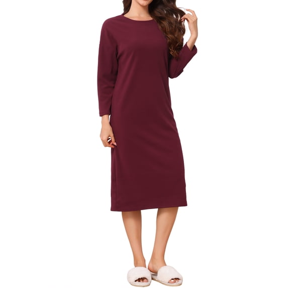 INSPIRE CHIC Women's Thermal Fleece Nightgown Long Sleeve Ribbed Knit Sleepshirt with Dropped Round Neck & Loose Fit 3XL Red