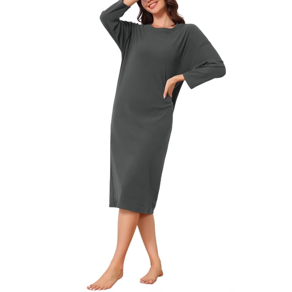 INSPIRE CHIC Women's Thermal Fleece Nightgown Long Sleeve Ribbed Knit Sleepshirt with Dropped Round Neck & Loose Fit M Grey