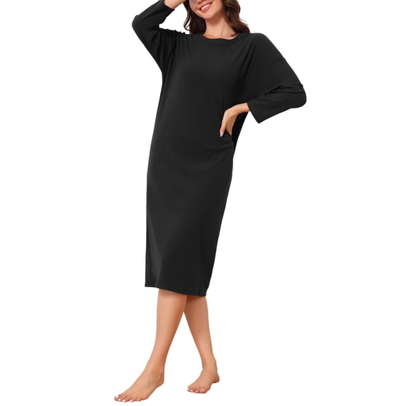 INSPIRE CHIC Women's Thermal Fleece Nightgown Long Sleeve Ribbed Knit Sleepshirt with Dropped Round Neck & Loose Fit S Black