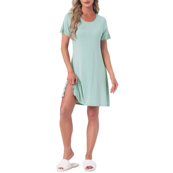 INSPIRE CHIC Womens Nightgowns Lace Trim Round Neck Stretchy Short Sleeve Sleepwear Night Shirts Soft Sleep Pajama Dress L Light Green