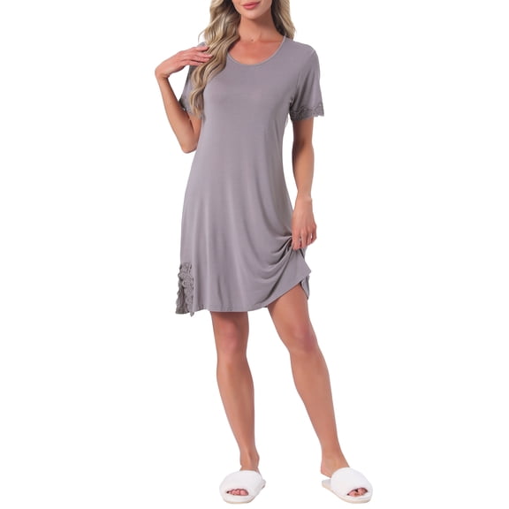 INSPIRE CHIC Womens Nightgowns Lace Trim Round Neck Stretchy Short Sleeve Sleepwear Night Shirts Soft Sleep Pajama Dress M Gray