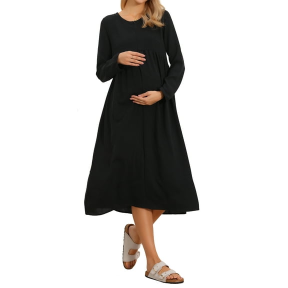 INSPIRE CHIC Womens Nursing Breastfeeding Dress Zip Front Tiered Long Sleeve Maxi Round Neck Pleated Maternity Pregnancy M Black