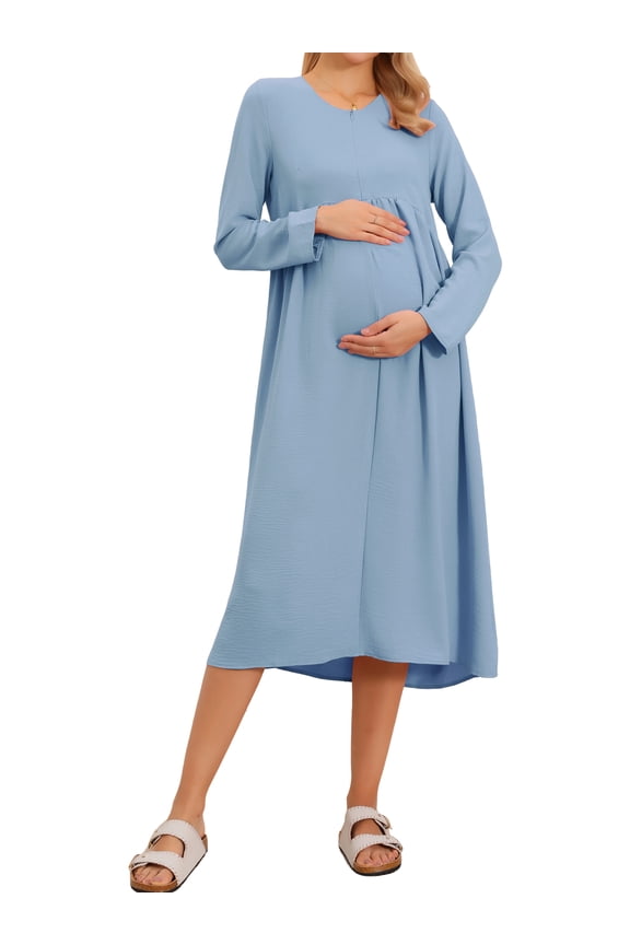 Womens Nursing Breastfeeding Dress Zip Front Tiered Long Sleeve Maxi Round Neck Pleated Maternity Pregnancy S Blue