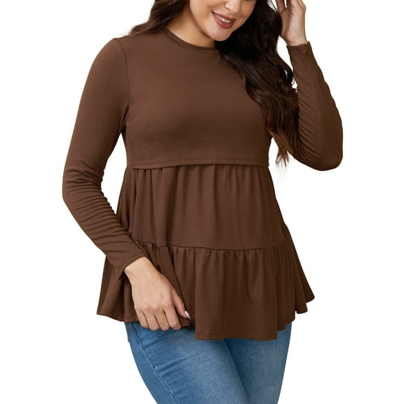INSPIRE CHIC Womens Nursing Top Ruffle Pleated Long Sleeve Tunic Rayon Postpartum Breastfeeding Shirt Pregnancy Clothes S Brown