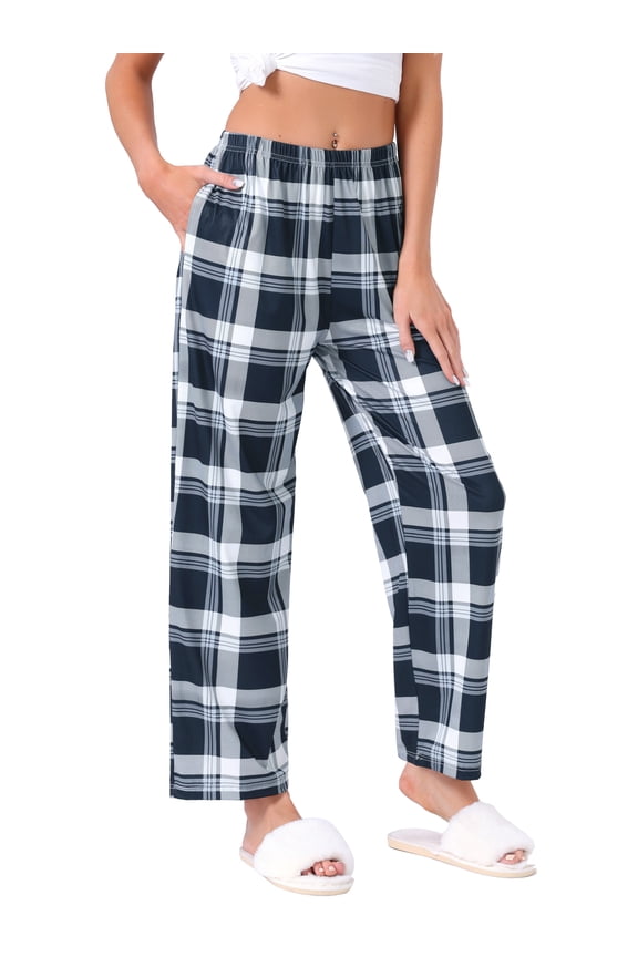 Womens Pajama Pants Checked Elastic Waistband Soft Casual Long Straight Pants Loungewear 2XL Black Plaid