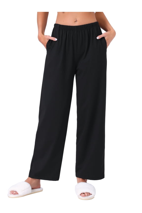 Womens Pajama Pants Checked Elastic Waistband Soft Casual Long Straight Pants Loungewear 2XL Black