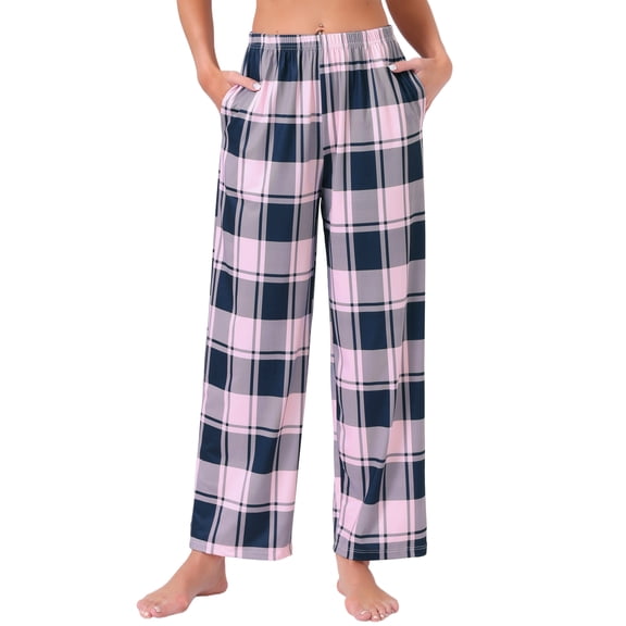 INSPIRE CHIC Womens Pajama Pants Checked Elastic Waistband Soft Casual Long Straight Pants Loungewear 2XL Pink Plaid