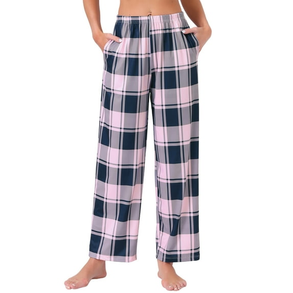 INSPIRE CHIC Womens Pajama Pants Checked Elastic Waistband Soft Casual Long Straight Pants Loungewear L Pink Plaid