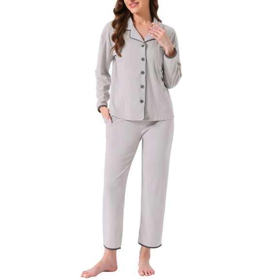 INSPIRE CHIC Womens Pajama Set Fleece Flannel Button Up Long Sleeve Notched Collar Pants Set with Pockets Loungewear Sleepwear XS Gray