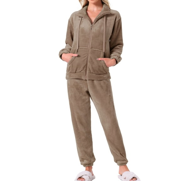 INSPIRE CHIC Womens Pajama Set Fleece Long Sleeve Fluffy Loose Plush Pants with Pockets Warm Winter Sleepwear L Brown