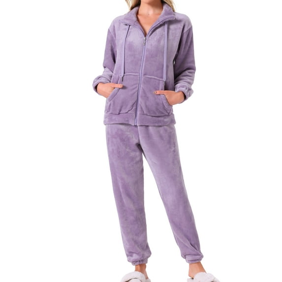 INSPIRE CHIC Womens Pajama Set Fleece Long Sleeve Fluffy Loose Plush Pants with Pockets Warm Winter Sleepwear L Purple