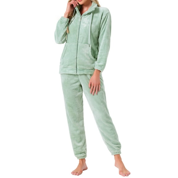 INSPIRE CHIC Womens Pajama Set Fleece Long Sleeve Fluffy Loose Plush Pants with Pockets Warm Winter Sleepwear S Green