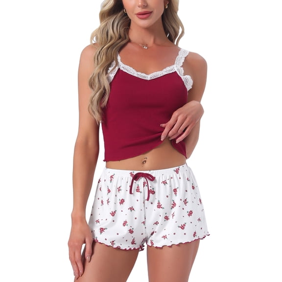 INSPIRE CHIC Womens Pajama Set Lace Tops Sleeveless Floral Shorts Ribbed Knit Soft Loungewear Sleepwear M Red