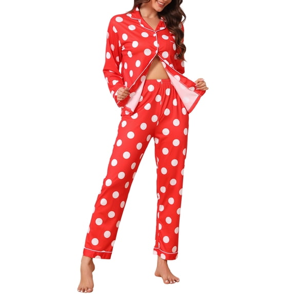 INSPIRE CHIC Women's Polka Dot Pajama Set Soft Long Sleeve Button Down Top & Pants 2 Piece Lounge Set with Contrast Piping S Red