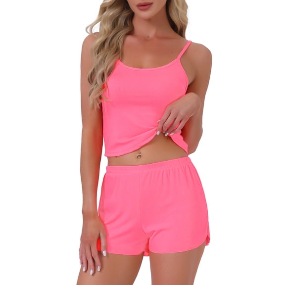 INSPIRE CHIC Womens Pajama Set Ribbed Knit Cami Sleeveless Squared Neck Tank Top with Split Shorts Sleepwear Lounge Sets M Rose Pink