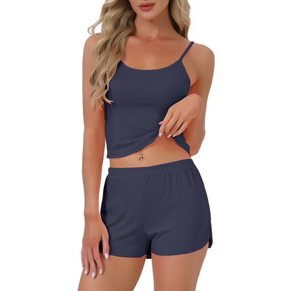 INSPIRE CHIC Women's Pajama Set Ribbed Knit Cami Sleeveless Squared Neck Tank Top with Split Shorts Sleepwear Lounge Sets S Navy