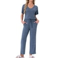 thumbnail image 1 of INSPIRE CHIC Womens Pajama Set Ribbed Knit Short Sleeve Side Slit Top and Pants 2 Piece Lounge Outfits with Pockets 2XL Blue, 1 of 5