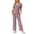 thumbnail image 1 of INSPIRE CHIC Womens Pajama Set Ribbed Knit Short Sleeve Side Slit Top and Pants 2 Piece Lounge Outfits with Pockets 2XL Purple, 1 of 5