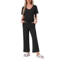 thumbnail image 1 of INSPIRE CHIC Womens Pajama Set Ribbed Knit Short Sleeve Side Slit Top and Pants 2 Piece Lounge Outfits with Pockets S Black, 1 of 5