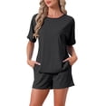 thumbnail image 1 of INSPIRE CHIC Women's Pajama Set Short Sleeve Round Neck Rolled Cuffs Top Elastic Waist Shorts Jersey Knit Sleepwear Sets S Black, 1 of 6