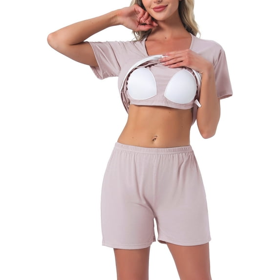 INSPIRE CHIC Womens Pajama Set Short Sleeve Top with Built-in Bra and Shorts Comfy Sleepwear Lounge Sets with Pockets S Pink