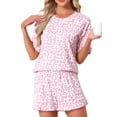 thumbnail image 1 of INSPIRE CHIC Womens Pajama Set Short Sleeves Ruffle Loose Fit Round Neck Ruffled Hem Delicate Loungewear Shirt and Shorts 2 Pcs L Pink, 1 of 6