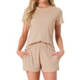 thumbnail image 1 of INSPIRE CHIC Women's Pajama Sets Short Sleeve Crewneck Top with Shorts Ruffle 2 Pcs Lounge Set with Pocket M Khaki, 1 of 6