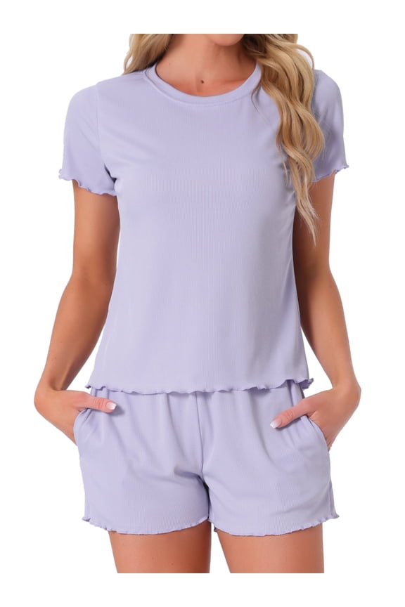 Women's Pajama Sets Short Sleeve Crewneck Top with Shorts Ruffle 2 Pcs Lounge Set with Pocket M Purple