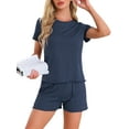 thumbnail image 1 of INSPIRE CHIC Women's Pajama Sets Short Sleeve Crewneck Top with Shorts Ruffle 2 Pcs Lounge Set with Pocket XS Navy, 1 of 6