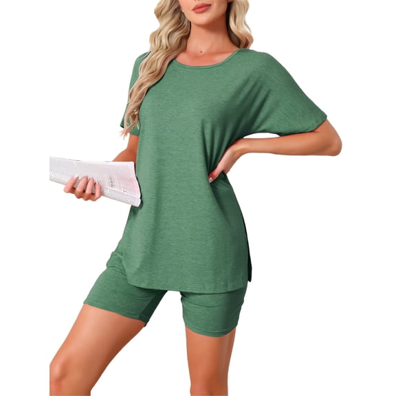INSPIRE CHIC Womens Pajama Set Split Short Sleeve Jersey Knit Tops with Fitted Tight Shorts Sleepwear Nightwear Lounge Set XL Green