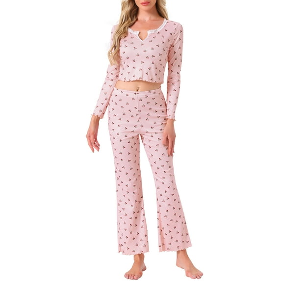 INSPIRE CHIC Womens Pajama Sets Cherry Print Ruffled V-Neck Long Sleeve Top and Pants 2 Piece Loungewear S Pink