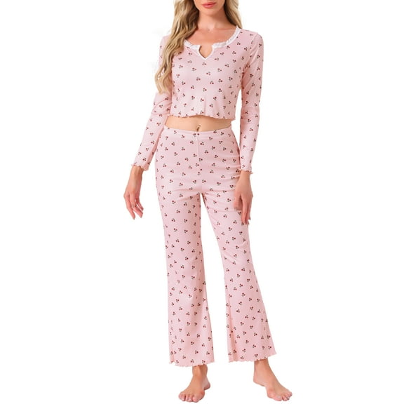 INSPIRE CHIC Womens Pajama Sets Cherry Print Ruffled V-Neck Long Sleeve Top and Pants 2 Piece Loungewear S Pink