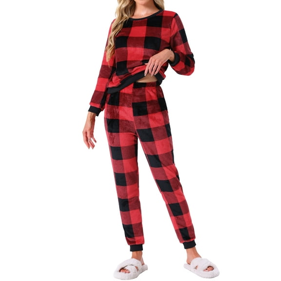 INSPIRE CHIC Womens Pajama Sets Flannel Printed Long Sleeve Top and Pants Thermal Chirismas 2 Piece Sleepwear S Red