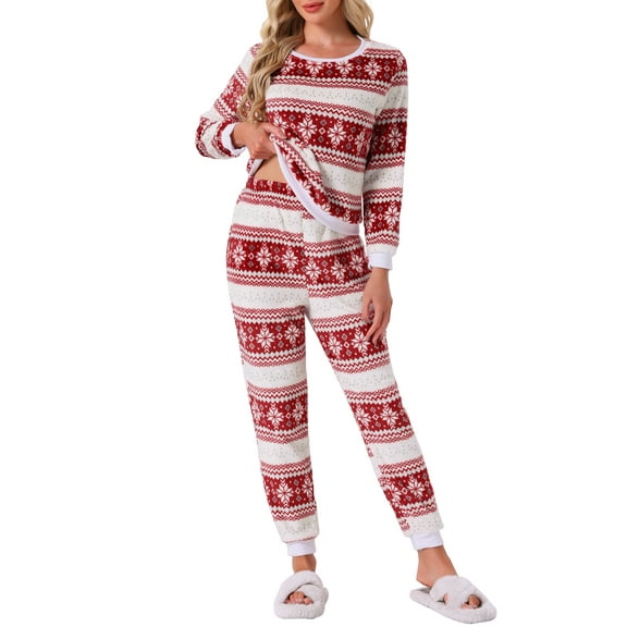 INSPIRE CHIC Womens Pajama Sets Flannel Printed Long Sleeve Top and Pants Thermal Chirismas 2 Piece Sleepwear XL Red Snow