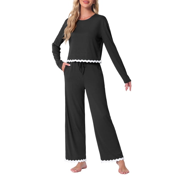 INSPIRE CHIC Women's Pajama Sets Long Sleeve Crewneck Elastic Waistband Lounge Sets with Pockets 2XL Black