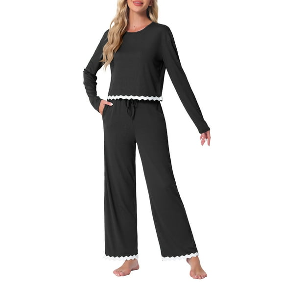 INSPIRE CHIC Women's Pajama Sets Long Sleeve Crewneck Elastic Waistband Lounge Sets with Pockets S Black