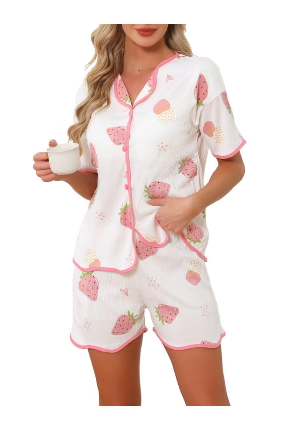 Women's Pajama Sets with Built-in Shelf Bra Ruffle Trim Button Down Short Sleeve Top and Shorts Sleepwear Lounge Set M Light Pink