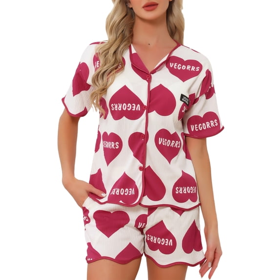 INSPIRE CHIC Womens Pajama Sets Ruffle Trim Cute Built-in Shelf Bra Button Down Tops with Shorts Sleepwear Lounge Sets S Red Heart