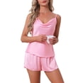 thumbnail image 1 of INSPIRE CHIC Women's Pajama Sets Satin Curved Crisscross Back Cami Spaghetti Strap Cowl Neck Silky Split Shorts Set L Pink, 1 of 6