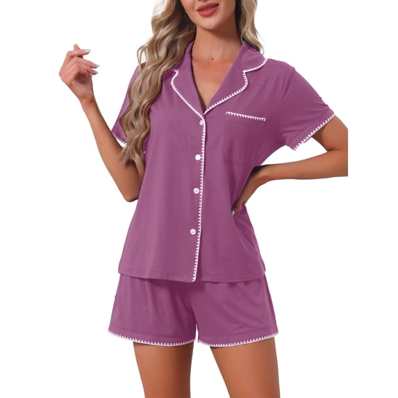 INSPIRE CHIC Women's Pajama Sets Short Sleeves Comfy Highly Elastic Button Up Tops and Shorts 2 Pcs XX-Lareg Purple