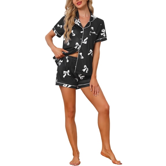 INSPIRE CHIC Womens Pajama Sets Short Sleeves Cute Bow Print Soft Comfy Button Up Tops and Shorts 2 Pcs L Black