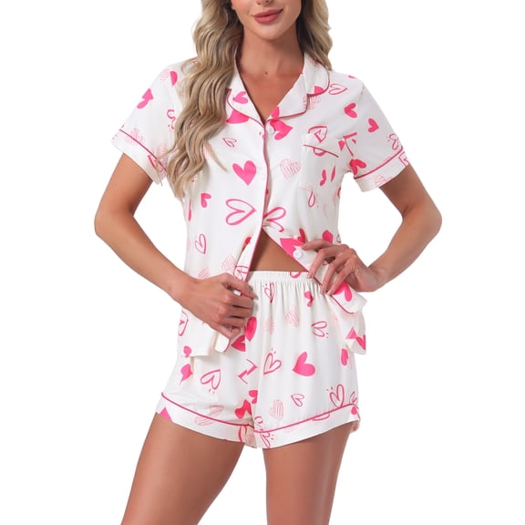 INSPIRE CHIC Womens Pajama Sets Short Sleeves Cute Bow Print Soft Comfy Button Up Tops and Shorts 2 Pcs L Pink