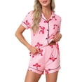 thumbnail image 1 of INSPIRE CHIC Womens Pajama Sets Short Sleeves Cute Bow Print Soft Comfy Button Up Tops and Shorts 2 Pcs M Bright Pink, 1 of 5