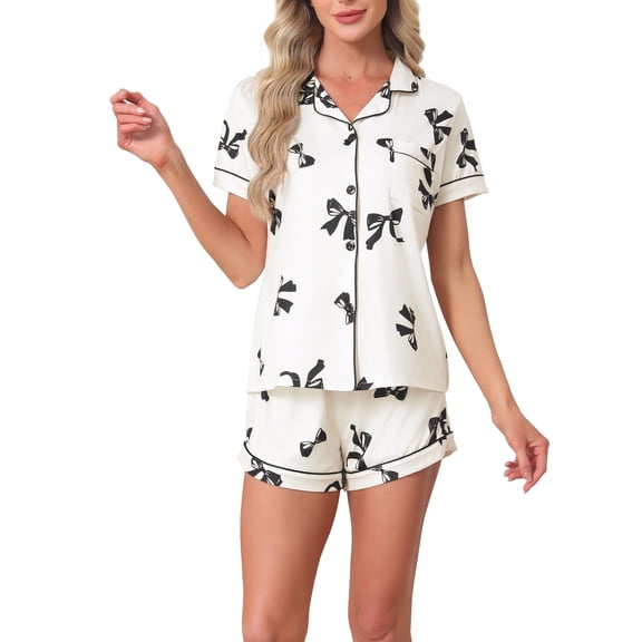 INSPIRE CHIC Womens Pajama Sets Short Sleeves Cute Bow Print Soft Comfy Button Up Tops and Shorts 2 Pcs M White