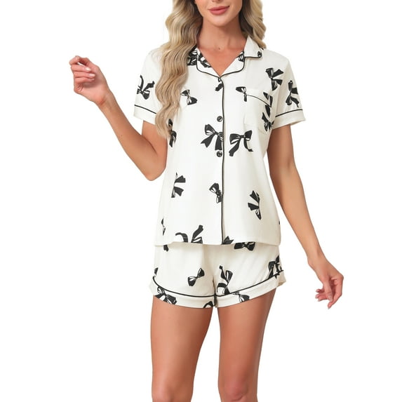 INSPIRE CHIC Womens Pajama Sets Short Sleeves Cute Bow Print Soft Comfy Button Up Tops and Shorts 2 Pcs M White