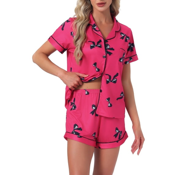 INSPIRE CHIC Womens Pajama Sets Short Sleeves Cute Bow Print Soft Comfy Button Up Tops and Shorts 2 Pcs S Hot Pink