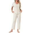 thumbnail image 1 of INSPIRE CHIC Womens Pajama Sets Summer Sleepwear Built-in Shelf Bra Short Sleeve Tops and Pants Lounge Set with Pockets M Beige, 1 of 6